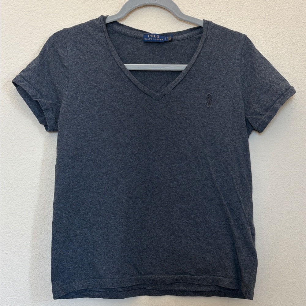 Polo Ralph Lauren V Neck T Shirt Gray Short Sleeve Logo Tee Size Large